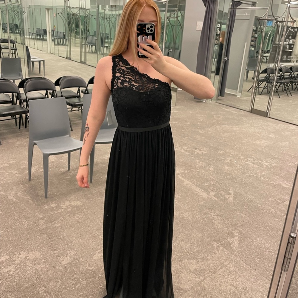 David’s bridal black lace one shoulder slit bridesmaids gown